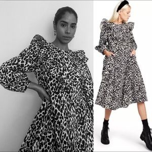 Sandy Liang x Target Leopard Print Long Ruffle Sleeve Midi Animal Dress Cotton